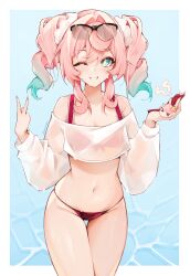 1girl absurdres aqua_eyes aqua_hair bare_shoulders bikini blush commentary cowboy_shot gradient_hair grin groin highres holding honkai:_star_rail honkai_(series) hyacine_(honkai:_star_rail) little_ica_(honkai:_star_rail) long_hair long_sleeves looking_at_viewer multicolored_hair off-shoulder_shirt off_shoulder one_eye_closed pink_hair red_bikini shirt smile solo standing swimsuit thighs twintails v white_shirt yuzureei