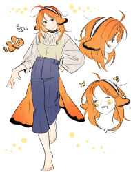 0820_lakia 1girl absurdres animal black_eyes blue_pants clownfish commentary_request dual_persona fins fish fish_girl fish_tail head_fins highres korean_commentary long_hair long_sleeves looking_at_viewer multiple_views orange_hair original pants puffy_long_sleeves puffy_sleeves standing standing_on_one_leg tail white_background
