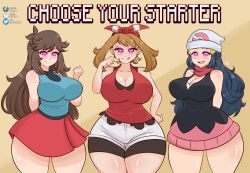 3girls absurdres arms_behind_back artist_name bare_shoulders blue_hair blue_shirt breasts brown_hair cleavage curly_hair curvy dawn_(pokemon) denim denim_shorts drevod english_text glowing glowing_eyes hair_ornament hand_on_own_hip heart heart-shaped_pupils highres huge_breasts large_breasts leaf_(pokemon) long_hair looking_at_viewer may_(pokemon) multiple_girls nintendo open_mouth pink_eyes pokemon pokemon_dppt pokemon_frlg pokemon_oras red_shirt red_skirt shirt shorts skirt sleeveless smile symbol-shaped_pupils thick_thighs thighs tongue tongue_out very_long_hair white_shorts wide_hips