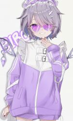 1girl absurdres alternate_costume castellayaki gem grey_hair grin hair_ornament hair_over_one_eye heart heart-shaped_eyewear highres hololive hololive_english jacket jewel_under_eye koseki_bijou looking_at_viewer metal_wings purple-tinted_eyewear purple_eyes purple_gemstone purple_headdress purple_jacket purple_nails simple_background smile solo teeth tinted_eyewear virtual_youtuber white_background x_hair_ornament