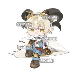 1boy armlet bare_shoulders belt belt_buckle belt_collar black_horns blanket blonde_hair blue_pants blue_vest boots brown_belt brown_boots brown_gloves buckle character_request chibi closed_mouth clothes_writing collar colored_eyelashes commission curled_horns denim denim_vest eeeestella gears gloves goat_horns goggles goggles_on_head hair_between_eyes hand_on_own_knee highres holding holding_paper_airplane horns jeans jewelry knee_pads knee_up lace-up_boots looking_at_viewer male_focus necklace nikki_(series) open_clothes open_vest pants paper_airplane round_eyewear sample_watermark scarf shining_nikki short_hair simple_background sitting smile solo vest watermark white_background white_scarf yellow-framed_eyewear yellow_eyes zipper