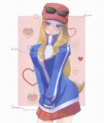1girl absurdres blonde_hair blue_eyes blue_shirt calem_(pokemon) calem_(pokemon)_(cosplay) cosplay creatures_(company) eyewear_on_headwear game_freak hat heart highres long_hair nintendo osenbei_0ishi own_hands_together pokemon pokemon_xy red_hat red_skirt serena_(pokemon) shirt skirt