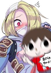1girl absurdres animal_crossing bandages blonde_hair blush braid embarrassed female_focus gloves hat highres long_hair looking_at_viewer mask motion_blur nintendo pointy_ears red_eyes sheik simple_background solo solo_focus super_smash_bros. supure647 surcoat the_legend_of_zelda the_legend_of_zelda:_breath_of_the_wild the_legend_of_zelda:_ocarina_of_time torn_clothes turban villager_(animal_crossing) white_background