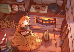 1girl blanket book book_stack bookmark bowl brick brown_hair closed_eyes cup fire fireplace firewood glass_bottle hat highres holding holding_cup indoors jar kareya log long_hair long_sleeves mug original pot slice_of_life smile solo steam