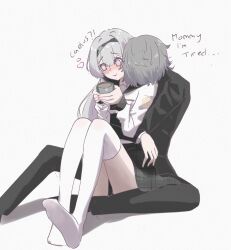 1boy 1girl @_@ black_jacket black_pants black_sailor_collar blush closed_mouth collared_shirt cup english_text firefly_(honkai:_star_rail) firefly_(spring_missive)_(honkai:_star_rail) gakuran gradient_hair grey_hair hair_between_eyes hair_intakes heart highres holding holding_cup honkai:_star_rail honkai_(series) hug hug_from_behind jacket kurisu1904 long_hair multicolored_eyes multicolored_hair pants sailor_collar school_uniform shirt simple_background smile thighhighs thighs white_background white_shirt white_thighhighs