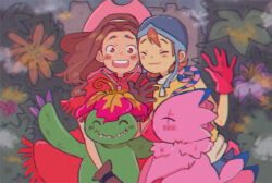 brown_eyes brown_hair digimon digimon_(creature) digimon_adventure flower long_hair monster_girl palmon petals piyomon plant_girl sharp_teeth tachikawa_mimi takenouchi_sora teeth