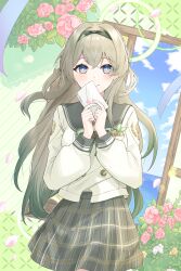 1girl absurdres black_hairband blush bow breasts checkered_bow checkered_clothes checkered_skirt closed_mouth firefly_(honkai:_star_rail) firefly_(spring_missive)_(honkai:_star_rail) flower gradient_hair green_bow grey_hair hair_between_eyes hair_ornament hairband highres holding holding_letter honkai:_star_rail honkai_(series) katetawa letter long_hair long_sleeves medium_breasts multicolored_hair official_alternate_costume pink_eyes pink_flower school_uniform skirt smile solo