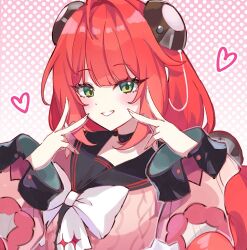 1girl black_choker black_sailor_collar blush bow cable cardigan choker double_v fingernails green_eyes grin heart highres long_hair long_sleeves looking_at_viewer pink_cardigan pink_hair polka_dot polka_dot_background red_hair sailor_collar smile solo tdatnst ukinami_yuzuha upper_body v white_bow zenless_zone_zero