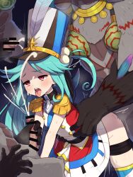 1girl 3boys aqua_hair bar_censor beball_(megido72) bike_shorts bike_shorts_pull censored chiwino clenched_teeth clothed_sex cum ejaculation epaulettes furry furry_male furry_with_non-furry gangbang group_sex hat highres interspecies long_hair megido72 multiple_boys penis petite pink_eyes rape sex sex_from_behind tearing_up teeth tongue tongue_out top_hat torso_grab
