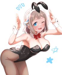 1girl absurdres animal_ear_hairband animal_ears bent_over black_leotard black_pantyhose blonde_hair blue_eyes bow bowtie braid breasts cleavage detached_collar fake_animal_ears fishnet_pantyhose fishnets gakuen_idolmaster hairband half_up_braid half_updo haruki_(haruki678) highres idolmaster katsuragi_lilja large_breasts leotard looking_at_viewer multicolored_hair notice_lines one_eye_closed pantyhose playboy_bunny rabbit_ears rabbit_pose rabbit_tail red_bow red_bowtie short_hair simple_background solo star_(symbol) strapless strapless_leotard streaked_hair tail white_background wrist_cuffs