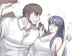 1boy 1girl arm_around_waist beard black_hair blue_eyes blush book breasts brown_hair camisole cleavage commentary_request degrees_of_lewdity doren_(degrees_of_lewdity) doren_(male)_(degrees_of_lewdity) dy0urre1n facial_hair grey_eyes hair_ornament hairclip hetero highres holding holding_book korean_commentary large_breasts player_character_(degrees_of_lewdity) player_character_(female)_(degrees_of_lewdity) shirt sweat white_camisole white_shirt