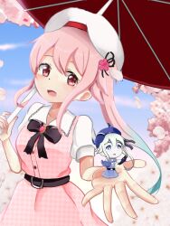 Rule 34 | 2girls, belt, belt buckle, beret, black belt, black bow, black bowtie, blue hair, blue sky, bow, bowtie, buckle, cherry blossoms, cloud, destroyer princess, dress, gradient hair, hair flaps, harusame (kancolle), harusame (lawson) (kancolle), hat, houndstooth, kantai collection, long hair, mini person, minigirl, multicolored hair, multiple girls, official alternate costume, pink dress, pink hair, red eyes, red umbrella, shirt, short sleeves, side ponytail, sky, smile, umbrella, white hat, white shirt, zephyrlance