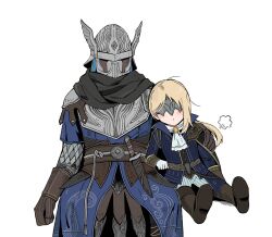 1boy 1girl aged_down armor ascot blonde_hair blue_surcoat blush brother_and_sister duchess_(elden_ring) elden_ring elden_ring_nightreign gloves helmet highres hug long_hair siblings simple_background sqqccca white_background winged_helmet wylder_(elden_ring)