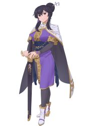 1girl aged_up alternate_costume alternate_hairstyle black_cape black_eyes black_hair boots breasts cape dress earrings ebinku fire_emblem fire_emblem:_genealogy_of_the_holy_war full_body hair_bun hair_ornament hairpin highres jewelry larcei_(fire_emblem) large_breasts looking_at_viewer medium_breasts nintendo purple_dress short_hair single_hair_bun smile solo sword two-tone_cape weapon white_boots