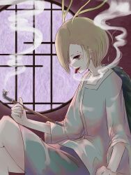 Rule 34 | 1girl, antlers, blonde hair, blue shirt, dragon girl, dragon horns, from side, green scales, highres, holding, holding smoking pipe, horns, idomizu oishi, kicchou yachie, monster girl, red eyes, scales, shirt, short hair, skirt, smoke, smoke trail, smoking, smoking pipe, solo, square neckline, tongue, tongue out, touhou, turtle shell, yellow horns