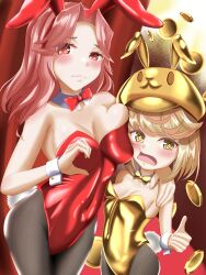 2girls absurdres animal_ears artist_request blonde_hair blush breasts heart heart_hands heaven_burns_red highres irene_redmayne leotard looking_at_viewer maria_de_angelis medium_breasts multiple_girls playboy_bunny rabbit_ears red_eyes red_hair short_hair yellow_eyes