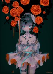 1boy aqua_eyes bleeding blood blood_on_face blood_splatter blue_hair blunt_bangs blunt_ends bob_cut choker closed_mouth dark_background dress flower green_hair gretel_(sinoalice) hair_ornament hat highres legband looking_at_viewer magicaludonmag male_focus red_flower red_rose rose short_hair simple_background sinoalice smile trap tutu