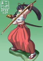 armor bushidou_(sekaiju) bushidou_2_(sekaiju) chest_sarashi etrian_odyssey fighting_stance flat_chest full_body hakama japanese_armor japanese_clothes katana long_hair looking_at_viewer navel no_shirt ponytail red_hakama sandals sarashi sheath sheathed solo sword tabi very_long_hair weapon zouri