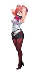 1girl arm_up armpits arms_behind_head belt black_belt black_footwear black_skirt blunt_bangs bob_cut bow bra_strap bra_visible_through_clothes breasts button_gap clenched_teeth full_body game_cg hair_ornament hairband hairpin highres joo_mi-ra lanyard light_blush looking_at_viewer medium_breasts miniskirt miracle_snack_shop mole mole_on_armpit mole_under_eye non-web_source official_art orange_eyes orange_hair panty_straps pantyhose pink_lips platform_footwear platform_heels purple-framed_eyewear rectangular_eyewear red_bow red_hairband red_pantyhose shirt short_hair side_slit skirt sleeveless sleeveless_shirt smile solo standing strap_slip teeth ukero white_background white_shirt winged_hair_ornament winged_hairband zipper zipper_skirt
