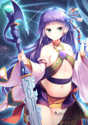 1girl absurdres bare_shoulders closed_mouth collarbone crowned_by_the_world_chalice detached_sleeves duel_monster flat_chest green_eyes hair_ribbon highres holding holding_staff ib_(yu-gi-oh!) kanzakietc long_hair long_sleeves looking_at_viewer midriff navel purple_hair ribbon smile solo staff thigh_strap thighs very_long_hair yu-gi-oh!
