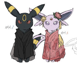 animal_focus clothed_pokemon commentary_request espeon espeon_(pokebuki) flower forehead_jewel gen_2_pokemon hair_flower hair_ornament japanese_clothes kimono korean_commentary lotus nintendo no_humans o_o_(pixiv_91006494) official_alternate_costume pokemon pokemon_(creature) pokemon_unite purple_eyes red_eyes simple_background sitting sketch tail umbreon white_background