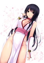 1girl absurdres adjusting_hair arm_guards bare_shoulders black_hair blue_eyes bracer breasts breasts_apart choker cleavage coffee-kizoku cosplay cowboy_shot dead_or_alive dress dutch_angle female_focus frown groin highres japanese_clothes kasumi kasumi_(cosplay) kasumi_(doa) kasumi_(doa)_(cosplay) kimono long_hair looking_at_viewer medium_breasts ninja no_bra no_panties original parted_bangs pelvic_curtain ribbon sash shiramine_rika side_slit solo standing tabard thighs very_long_hair