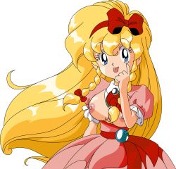 :p akanbe blonde_hair braid breasts breasts_out castlevania:_rondo_of_blood castlevania_(series) dress eyelid_pull hair_ribbon large_breasts long_hair maria_renard nipples nude_filter oppai_loli pink_dress puffy_sleeves red_ribbon ribbon standing third-party_edit tongue tongue_out transparent_background twin_braids