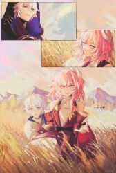 Rule 34 | 1girl, 2boys, absurdres, birdsofpasssage, black hood, blue eyes, chinese commentary, commentary request, cyrene (honkai: star rail), dress, flame reaver of the deepest dark, highres, honkai: star rail, honkai (series), looking at another, mountainous horizon, multiple boys, outdoors, phainon (honkai: star rail), purple dress, spoilers, textless version, wheat field, white hair