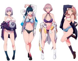 Rule 34 | 4girls, arms up, bikini, black jacket, blue bikini, blue eyes, boots, breasts, brown hair, cardigan, curvy, denim, denim shorts, full body, gloves, green eyes, gridman universe, hands on own thighs, highres, jacket, large breasts, long hair, looking at viewer, medium breasts, micro shorts, minami yume, mujina, multicolored bikini, multiple girls, navel, official art, open cardigan, open clothes, open jacket, pink hair, purple bikini, red eyes, school uniform, shinjou akane, shoes, short hair, short shorts, shorts, side-tie bikini bottom, smile, ssss.dynazenon, ssss.gridman, stomach, swimsuit, takarada rikka, thick thighs, thighs, thong, thong bikini, whale tail (clothing), white bikini, white cardigan, white gloves, wide hips