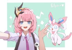 Rule 34 | 1girl, blue eyes, border, character name, chinese commentary, collared shirt, commentary request, elysia (honkai impact), gen 6 pokemon, green background, hair ornament, highres, honkai (series), honkai impact 3rd, looking at viewer, necktie, nintendo, open mouth, outside border, pink hair, pink necktie, pink pupils, pointy ears, pokemon, pokemon (creature), rio (user kzxp8757), shirt, smile, solo, sylveon, teeth, upper body, upper teeth only, white border, white shirt