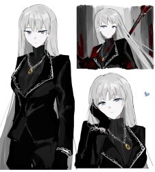 1girl angelica_(project_moon) black_jacket black_sweater blood blood_on_clothes closed_mouth highres jacket jewelry library_of_ruina long_hair looking_at_viewer necklace project_moon r2718281 ring ring_necklace silver_trim smile sweater turtleneck turtleneck_sweater very_long_hair white_background white_hair