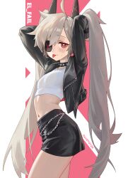 1girl absurdres ahoge arms_up blush breasts chain_belt character_name choker crop_top djmax djmax_respect eyepatch fail_(djmax) from_side grey_hair hair_between_eyes hair_ornament highres jacket leather leather_jacket long_hair looking_at_viewer midriff navel open_clothes open_jacket red_eyes skirt smile solo spiked_choker spikes syc2159 thighs tongue tongue_out twintails very_long_hair white_background