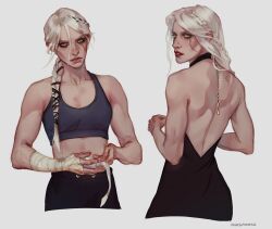 1girl alternate_costume arm_wrap artist_name artjell backless_dress backless_outfit black_dress black_pants breasts ciri dress facial_scar grey_sports_bra highres long_hair multiple_views pants scar scar_on_cheek scar_on_face simple_background small_breasts sports_bra the_witcher_(series) the_witcher_4 white_background white_hair yellow_eyes