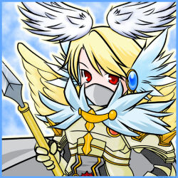 1boy armor blonde_hair blue_wings breastplate cape commentary_request feathered_wings grey_cape head_wings holding holding_polearm holding_weapon looking_at_viewer male_focus mask mouth_mask polearm ragnarok_online red_eyes rune_knight_(ragnarok_online) short_hair solo spear upper_body variant_set weapon white_wings wings yazawa_kazuki yellow_wings