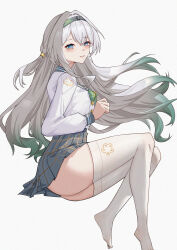 Rule 34 | 1girl, absurdres, black hairband, blush, bow, breasts, checkered bow, checkered clothes, checkered skirt, firefly (honkai: star rail), firefly (spring missive) (honkai: star rail), gradient hair, green bow, grey hair, grey skirt, hair between eyes, hair intakes, hair ornament, hairband, highres, honkai: star rail, honkai (series), huanyueyuhua, long hair, long sleeves, looking at viewer, medium breasts, multicolored hair, official alternate costume, open mouth, pink eyes, school uniform, simple background, skirt, smile, solo, thick thighs, thighhighs, thighs, white background, white thighhighs