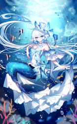 1girl blue_eyes blue_nails coral cowlick detached_sleeves furina_(genshin_impact) genshin_impact hat highres long_hair looking_at_viewer mermaid midriff monster_girl nail_polish navel sheya solo stomach strapless underwater very_long_hair white_hair white_hat