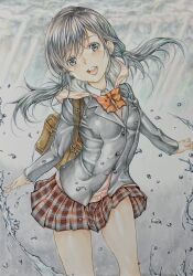 1girl amano_hina_(tenki_no_ko) bag black_eyes black_hair black_jacket bow bowtie breasts brown_bag commentary_request diagonal-striped_bow diagonal-striped_bowtie diagonal-striped_clothes floating_hair highres hood hood_down hoodie jacket katsu_(24791909) long_hair long_sleeves looking_at_viewer low_twintails marker_(medium) open_mouth orange_bow orange_bowtie orange_hoodie plaid_clothes plaid_skirt pleated_skirt red_skirt school_uniform shoulder_bag skirt small_breasts smile solo striped_clothes teeth tenki_no_ko traditional_media twintails upper_teeth_only zipper_pull_tab