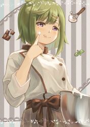 1girl absurdres aki_sakie bob_cut bowl chef cream green_hair highres kym licking_lips magia_record:_mahou_shoujo_madoka_magica_gaiden mahou_shoujo_madoka_magica mixing_bowl purple_eyes short_hair solo tongue tongue_out whisk