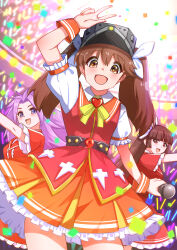 3girls absurdres alternate_costume brown_eyes brown_hair frilled_skirt frilled_sleeves frills hair_ribbon highres hime_cut hiyou_(kancolle) holding holding_microphone idol jun&#039;you_(kancolle) kantai_collection long_hair looking_at_viewer magatama makumaxu microphone multiple_girls open_mouth orange_wrist_cuffs puffy_short_sleeves puffy_sleeves purple_eyes purple_hair ribbon ryuujou_(kancolle) shikigami short_sleeves skirt spiked_hair twintails very_long_hair visor_cap wrist_cuffs