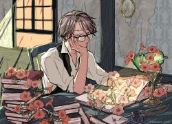 1boy book book_stack closed_mouth commentary_request desk_lamp elbow_rest flower glasses green_eyes grey_hair highres indoors inkwell kankara_nashi lamp male_focus mirror open_book original partially_unbuttoned quill reading red_flower shirt short_hair sitting sleeves_rolled_up solo table trumpet_creeper twitter_username upper_body vest white_shirt window