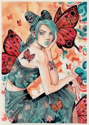 Rule 34 | 1girl, absurdres, aqua eyes, aqua hair, aqua lips, arm tattoo, bare shoulders, black hair, braid, bug, bun with braided base, butterfly, butterfly tattoo, butterfly wings, commentary, cone hair bun, double bun, english commentary, hair bun, head rest, highres, insect, insect wings, jojo no kimyou na bouken, kuujou jolyne, long skirt, looking at viewer, makeup, midriff, multicolored hair, orange butterfly, painting (medium), red butterfly, single braid, sitting, skirt, solo, stone ocean, strapless, sword tattoo, tattoo, teeth, traditional media, two-tone hair, watercolor (medium), wings, xfkart