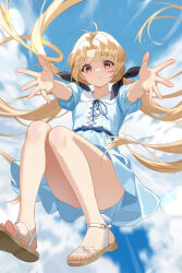 1girl black_bow blue_dress blue_sky blush bow breasts chaos;head cloud convenient_censoring dress gher5 highres long_hair looking_at_viewer orihara_kozue outstretched_arms sandals short_sleeves sky small_breasts solo twintails yellow_eyes