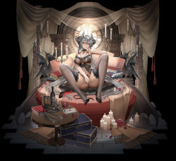1girl alcohol ass bag bare_shoulders black_background black_horns black_panties black_shoes black_thighhighs blush book book_stack bottle breasts candle candlestand cleavage covering_crotch covering_privates cup cushion d._(ddot2018) drinking_glass echocalypse finger_to_mouth flower full_body grey_hair handbag high_heels highres horns indoors lace lace-trimmed_legwear lace_trim large_breasts lilith_(echocalypse) lingerie long_hair looking_at_viewer official_alternate_costume official_art panties petals pillow pubic_tattoo red_eyes red_flower red_rose rose rose_petals see-through_clothes shoes sitting smile solo spread_legs table tattoo thighhighs thighs underwear unworn_shoes very_long_hair wine wine_bottle wine_glass