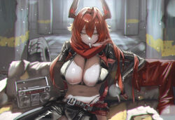 1girl absurdres belt black_belt boombox breasts cigarette cleavage clothing_cutout commentary couch cropped_jacket english_commentary goddess_of_victory:_nikke hair_between_eyes highleg highleg_panties highres horns jacket jindogod large_breasts latex_bikini leather leather_jacket leather_pants leg_cutout long_hair looking_at_viewer mechanical_horns navel panties pants radio red_hair red_hood_(nikke) red_jacket red_scarf scarf sitting smoke smoking underwear unused_tire unzipped yellow_eyes zipper