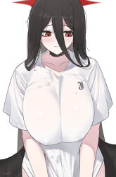 1girl absurdres artist_name black_choker black_hair black_wings blue_archive breasts choker collarbone commentary covered_erect_nipples furrowed_brow hair_between_eyes halo hasumi_(blue_archive) highres huge_breasts korean_commentary long_hair long_hair_between_eyes no_bra no_panties red_eyes shirt solo straight_hair tomid very_long_hair white_background white_shirt wings
