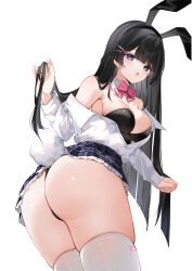 1girl absurdres animal_ears ass bare_shoulders black_hair black_leotard blue_eyes blunt_sidelocks bow bowtie breasts collared_shirt commentary cowboy_shot detached_collar fake_animal_ears fake_tail from_below highres large_breasts leotard leotard_under_clothes long_hair looking_at_viewer looking_down nijisanji open_mouth partially_unbuttoned pink_bow pink_bowtie plaid_clothes plaid_skirt playboy_bunny pleated_skirt rabbit_ears rabbit_tail school_uniform shirt sidelocks simple_background skindentation skirt solo strapless strapless_leotard tail thighhighs thighs tsukino_mito virtual_youtuber white_background white_shirt white_thighhighs yukineko1018