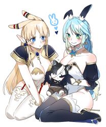 100_yeol 2girls animal_ear_hairband animal_ears bare_shoulders boots breasts chibi cleavage etain_(mabinogi) fake_animal_ears hairband highres holding_chibi leotard mabinogi multiple_girls playboy_bunny portia_(mabinogi) rabbit_ear_hairband rabbit_ears seiza simple_background sitting smile