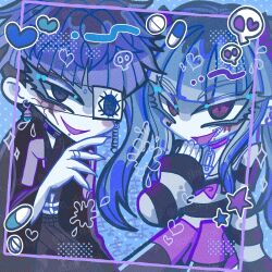 1boy 1girl amemiya_darumi black_hair blue_eyes blue_hair collar eyelashes eyepatch hand_up heart highres looking_at_viewer makeup multicolored_hair omokage_yugamu one_eye_covered open_mouth pill pink_eyes safety_pin the_hundred_line_-last_defense_academy-