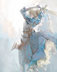 Rule 34 | 1girl, absurdres, armor, armored dress, artoria pendragon (fate), back, blonde hair, bun with braided base, dress, excalibur (fate/stay night), fate/stay night, fate (series), fighting stance, from behind, hair ribbon, highres, holding, holding sword, holding weapon, kanji (nievart), long sleeves, ribbon, saber (fate), solo, sword, weapon