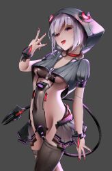 1girl absurdres alternate_costume bad_tag blood blood_on_mouth bob_cut breasts clothing_cutout collar command_&amp;_conquer command_&amp;_conquer:_red_alert command_&amp;_conquer:_red_alert_2 dart fingernails grey_background grey_hood highres hood hood_up horned_hood horns libra_(mental_omega) licking_lips long_fingernails mechanical_tail medium_breasts mental_omega_(mod) minato_minamoto open_clothes open_skirt pink_eyes pink_hair red_collar red_nails single_thighhigh skirt solo stomach_cutout tail thighhighs thighs tongue tongue_out underboob upper_body